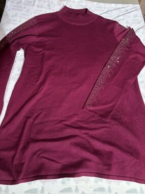 Rhinestone-Trim Mock Neck Long Sleeve Top - Burgundy